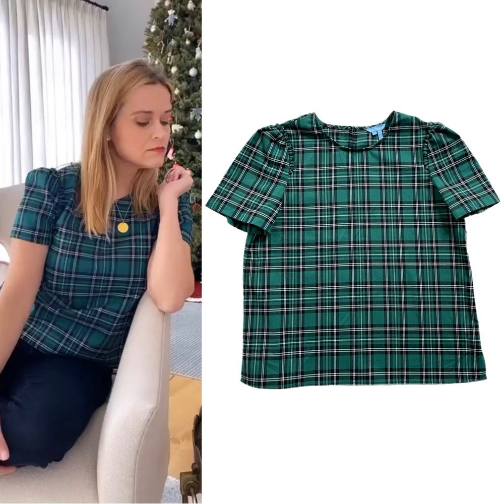 Draper James Angie Check Green Plaid Puff Sleeve Blouse Top 12